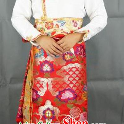 Chinese Traditional Zang Nationality Red Brocade Bust Skirt, China Tibetan Ethnic Heishui Dance Costume for Women