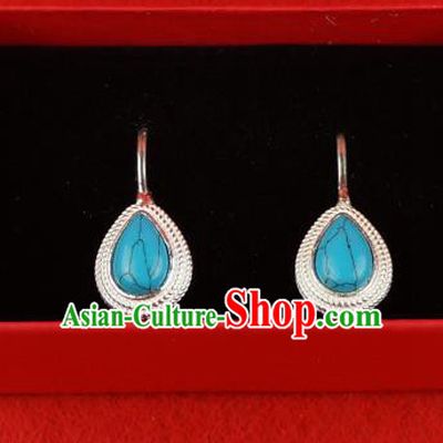 Chinese Traditional Zang Nationality Blue Earrings Jewelry Accessories, China Tibetan Ethnic Eardrop for Women