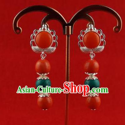 Chinese Traditional Zang Nationality Jewelry Accessories Sliver Earrings, China Tibetan Ethnic Red Beads Eardrop for Women