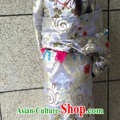 Chinese Zang Nationality White Brocade Tibetan Robe, China Traditional Tibetan Ethnic Heishui Dance Costume for Women