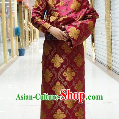 Chinese Zang Nationality Wine Red Satin Tibetan Robe, China Traditional Tibetan Ethnic Heishui Dance Costume for Women