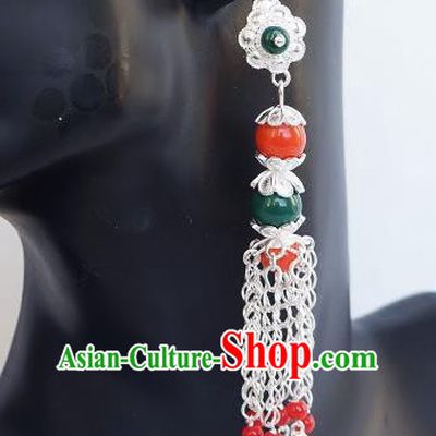 Chinese Traditional Zang Nationality Handmade Sliver Earrings, China Tibetan Ethnic Tassel Eardrop for Women