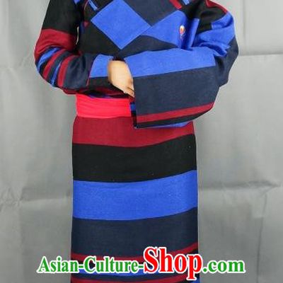 Chinese Zang Nationality Blue Woolen Tibetan Robe, China Traditional Tibetan Ethnic Heishui Dance Costume for Women