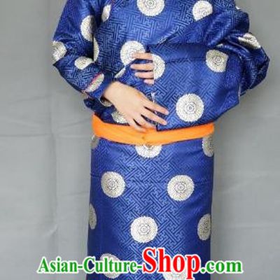 Chinese Zang Nationality Navy Tibetan Robe, China Traditional Tibetan Ethnic Heishui Dance Costume for Women