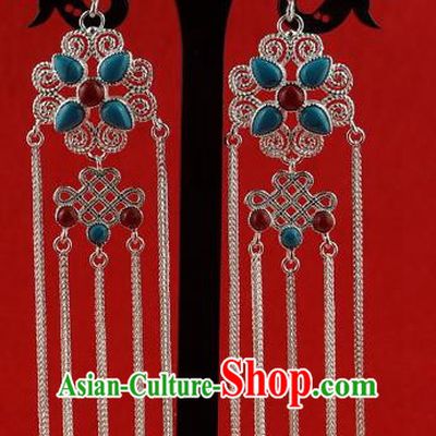 Chinese Traditional Zang Nationality Handmade Sliver Earrings, China Tibetan Ethnic Eardrop for Women