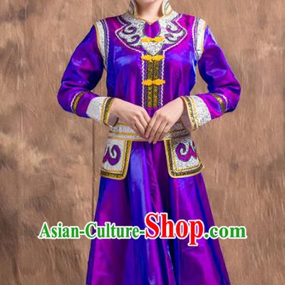 Traditional Chinese Mongol Nationality Costume, Mongolian Female Folk Dance Purple Dress Clothing for Women
