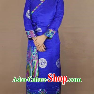 Chinese Zang Nationality Blue Brocade Dress, China Traditional Tibetan Ethnic Heishui Dance Costume for Women