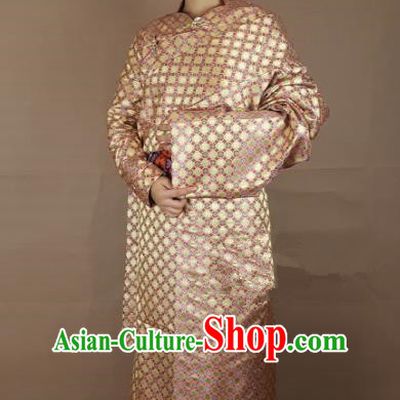 Chinese Zang Nationality Folk Dance Golden Brocade Tibetan Robe, China Traditional Tibetan Ethnic Costume for Women