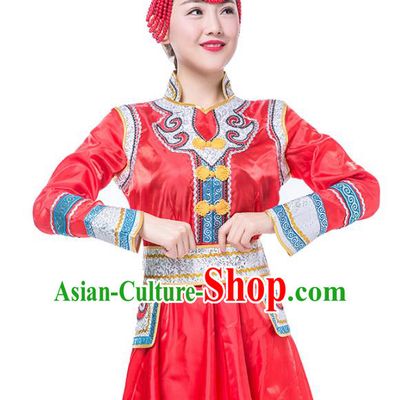Traditional Chinese Mongol Nationality Costume, Mongolian Female Folk Dance Red Dress Clothing for Women