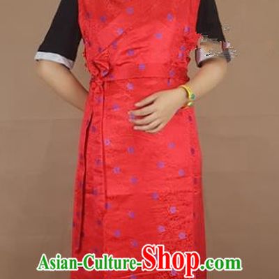 Chinese Zang Nationality Folk Dance Red Brocade Dress, China Traditional Tibetan Ethnic Costume for Women