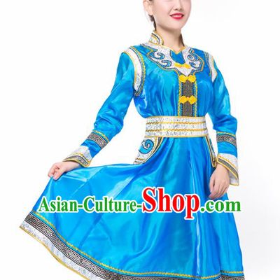 Traditional Chinese Mongol Nationality Costume, Mongolian Female Folk Dance Blue Dress Clothing for Women