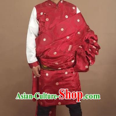 Chinese Traditional Zang Nationality Red Tibetan Robe, China Tibetan Ethnic Folk Dance Costume for Men