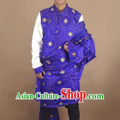 Chinese Traditional Zang Nationality Royalblue Tibetan Robe, China Tibetan Ethnic Folk Dance Costume for Men