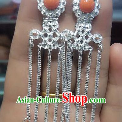 Chinese Traditional Zang Nationality Handmade Sliver Earrings, China Tibetan Ethnic Tassel Eardrop for Women