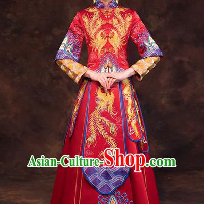 Chinese Ancient Wedding Costume Traditional Xiuhe Suit Bride Embroidered Phoenix Red Full Dress for Women