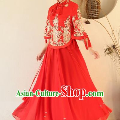 Chinese Traditional Wedding Red Costume Ancient Bride Embroidered Xiuhe Suit Full Dress for Women