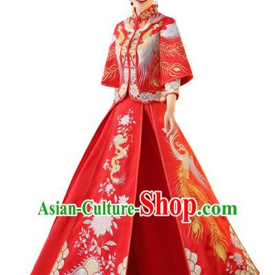 Chinese Traditional Wedding Toast Costume Ancient Bride Embroidered Xiuhe Suit Full Dress for Women