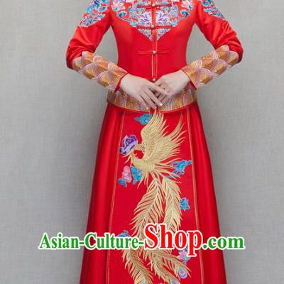 Chinese Traditional Wedding Bottom Drawer Ancient Bride Costume Embroidered Phoenix Xiuhe Suit Full Dress for Women