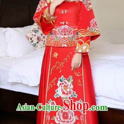 Chinese Traditional Wedding Bottom Drawer Ancient Bride Costume Embroidered Xiuhe Suit Red Full Dress for Women