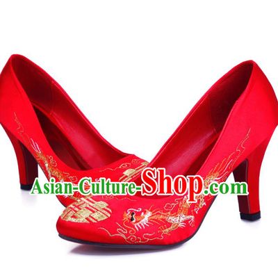 Chinese Traditional Handmade Wedding Embroidered Shoes Bride Red High-heeled Shoes for Women
