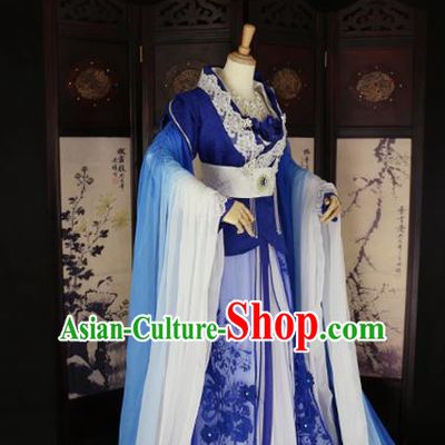 Chinese Ancient Cosplay Queen Blue Hanfu Dress Tang Dynasty Imperial Consort Embroidered Costume for Women