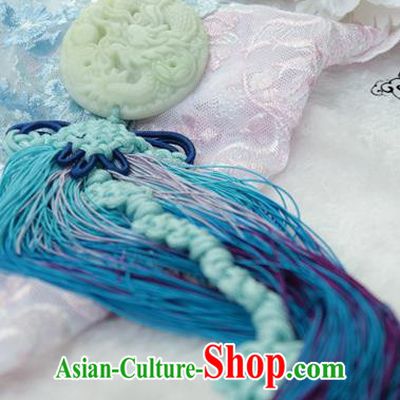 Chinese Traditional Handmade Waist Jewelry Accessories Ancient Princess Blue Tassel Jade Pendant for Women