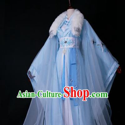 Traditional Chinese Princess Embroidered Costume Ancient Han Dynasty Imperial Concubine Blue Hanfu Dress for Women