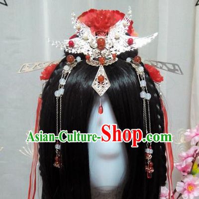 Chinese Traditional Handmade Swordswoman Wig and Hair Accessories Ancient Knight Phoenix Coronet Hairpins Headwear for Women