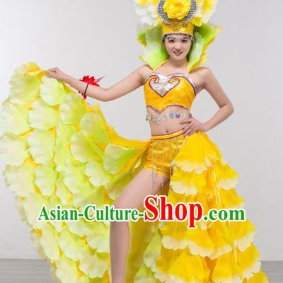 Top Grade Stage Show Costume Chorus Modern Dance Spanish Dance Yellow Dress and Headpiece for Women