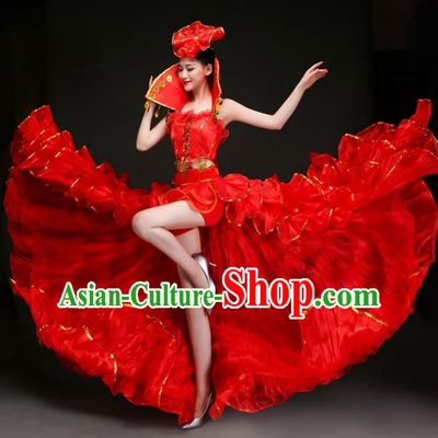 Top Grade Stage Show Costume Chorus Opening Modern Dance Spanish Dance Red Dress and Headpiece for Women