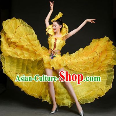 Top Grade Stage Show Costume Chorus Opening Modern Dance Spanish Dance Yellow Dress and Headpiece for Women