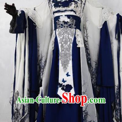 Chinese Ancient Cosplay Swordswoman Costume Han Dynasty Queen Embroidered Blue Hanfu Dress for Women