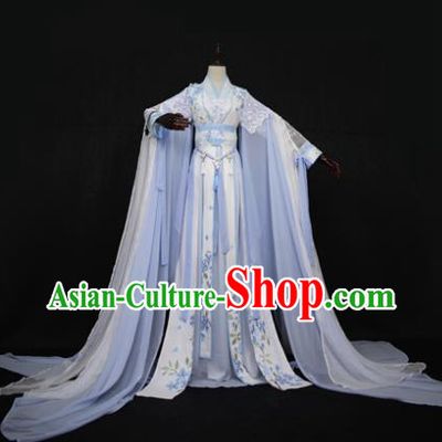 Chinese Ancient Cosplay Swordswoman Costume Tang Dynasty Nobility Lady Embroidered Blue Hanfu Dress for Women