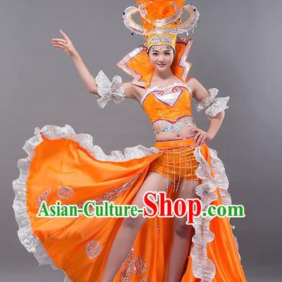 Spanish Traditional Paso Doble Costume Opening Dance Modern Dance Big Swing Orange Dress and Headpiece for Women