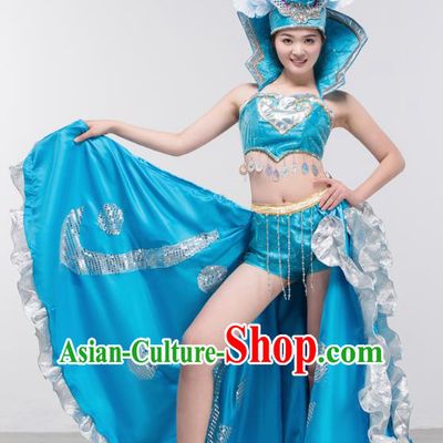 Spanish Traditional Paso Doble Costume Opening Dance Modern Dance Big Swing Blue Dress and Headpiece for Women