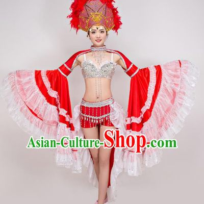 Top Grade Modern Dance Costume Opening Dance Red Clothing and Headpiece for Women