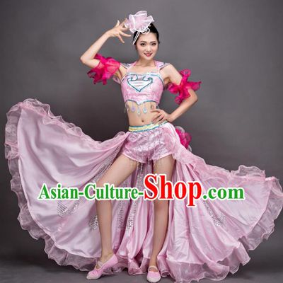 Top Grade Stage Performance Dance Costume Opening Modern Dance Pink Dress and Headpiece for Women