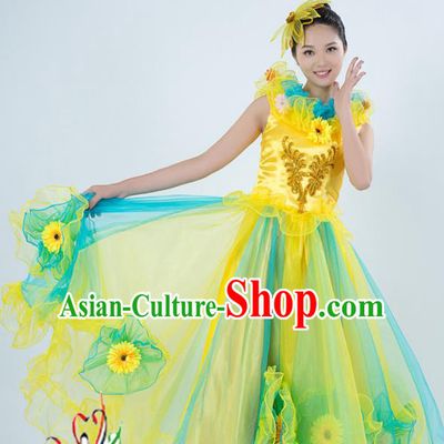 Top Grade Stage Performance Folk Dance Costume Opening Modern Dance Yellow Dress and Headpiece for Women