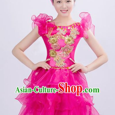 Top Grade Stage Performance Costume Chorus Singing Group Opening Modern Dance Rosy Bubble Dress for Women