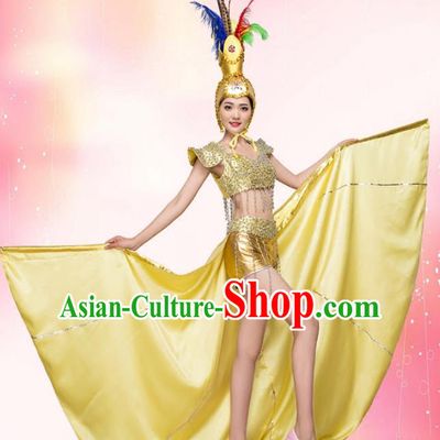 Top Grade Stage Performance Jazz Dance Costume Chorus Modern Dance Golden Clothing and Headpiece for Women