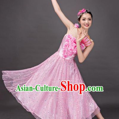 Top Grade Stage Performance Folk Dance Costume Chorus Modern Dance Pink Dress for Women