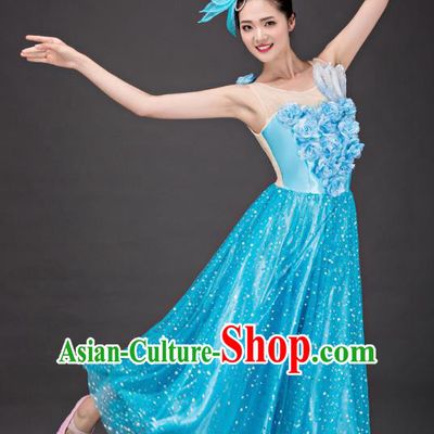 Top Grade Stage Performance Folk Dance Costume Chorus Modern Dance Blue Dress for Women