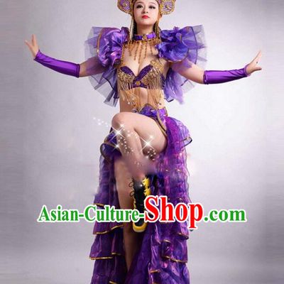 Top Grade Stage Performance Modern Dance Costume Opening Dance Purple Clothing and Headpiece for Women