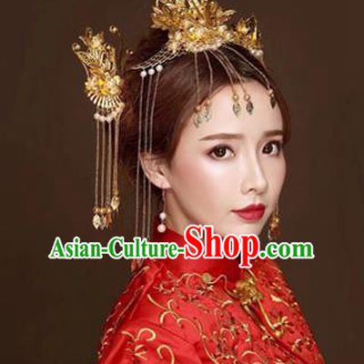 Chinese Traditional Handmade Bride Tassel Phoenix Coronet Wedding Hair Accessories Ancient Hairpins Complete Set for Women