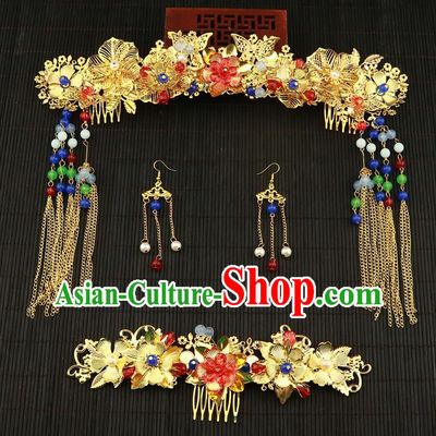 Chinese Traditional Handmade Wedding Phoenix Coronet Hair Accessories Ancient Hairpins Complete Set for Women