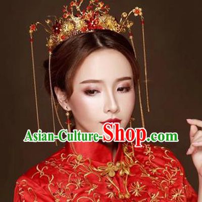 Chinese Traditional Hair Accessories Bride Xiuhe Suit Tassel Phoenix Coronet Ancient Hairpins Complete Set for Women