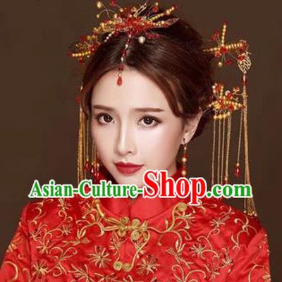 Chinese Traditional Handmade Bride Hair Accessories Ancient Hairpins Tassel Step Shake Complete Set for Women