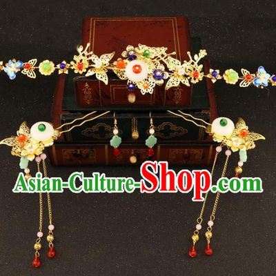Chinese Traditional Hair Accessories Bride Xiuhe Suit Butterfly Hair Clip Ancient Jade Hairpins Complete Set for Women