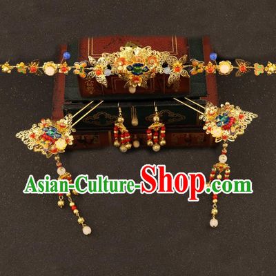 Chinese Traditional Hair Accessories Bride Xiuhe Suit Blueing Hair Clip Ancient Jade Hairpins Complete Set for Women