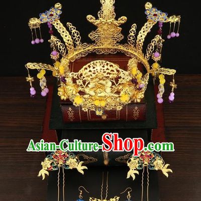Chinese Traditional Hair Accessories Xiuhe Suit Handmade Blueing Phoenix Coronet Ancient Hairpins Tassel Step Shake for Women